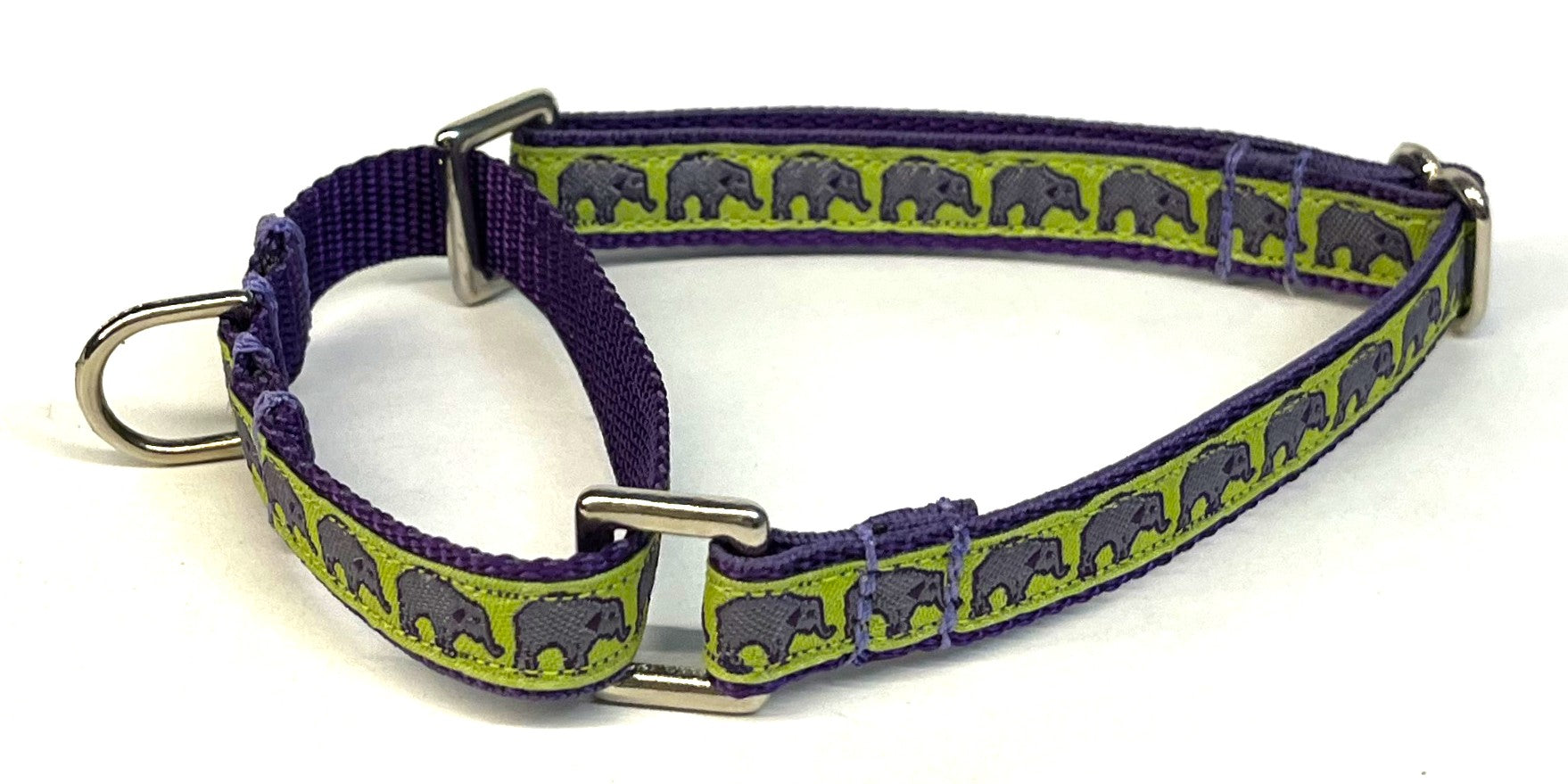 Lime Green with Lavender Elephants Martingale Collar 1/2