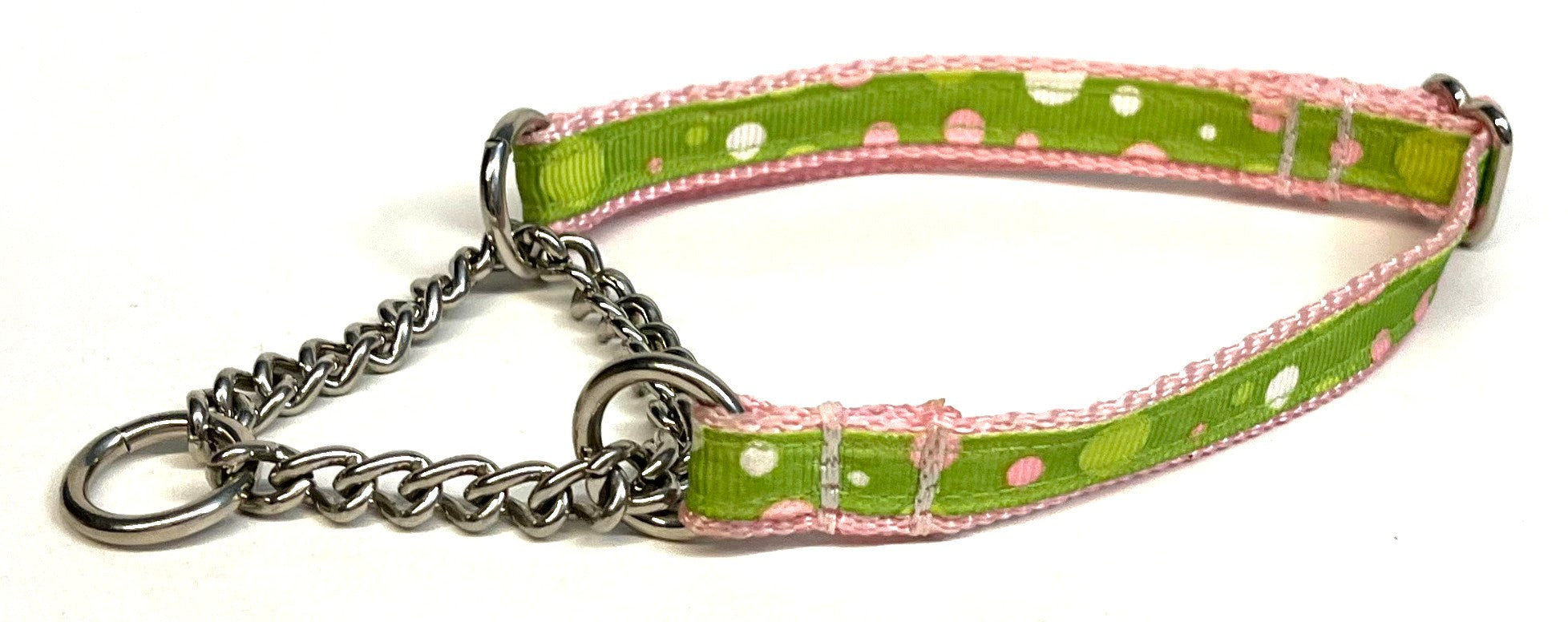 Lime Green with Light Pink, Green & White Bubble Dots Chain Martingale Collar 1/2