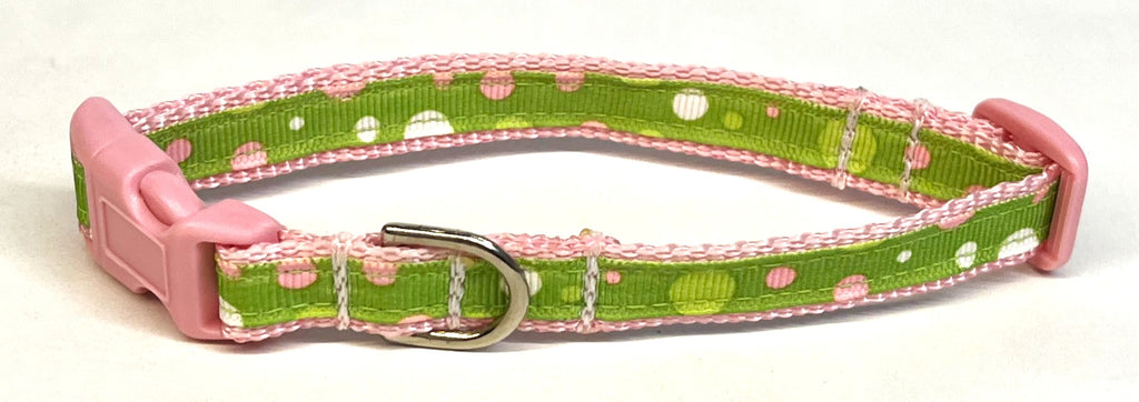 Lime Green with Light Pink, Green & White Bubble Dots Dog Collar 1/2