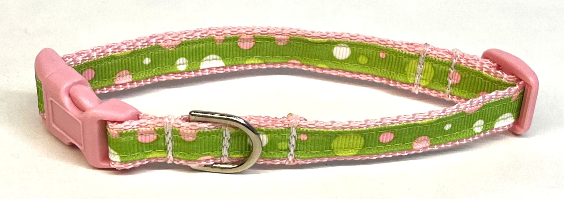 Lime Green with Light Pink, Green & White Bubble Dots Dog Collar 1/2