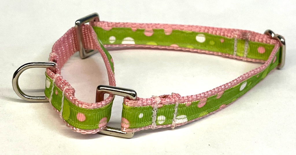 Lime Green with Light Pink, Green & White Bubble Dots Martingale Collar 1/2