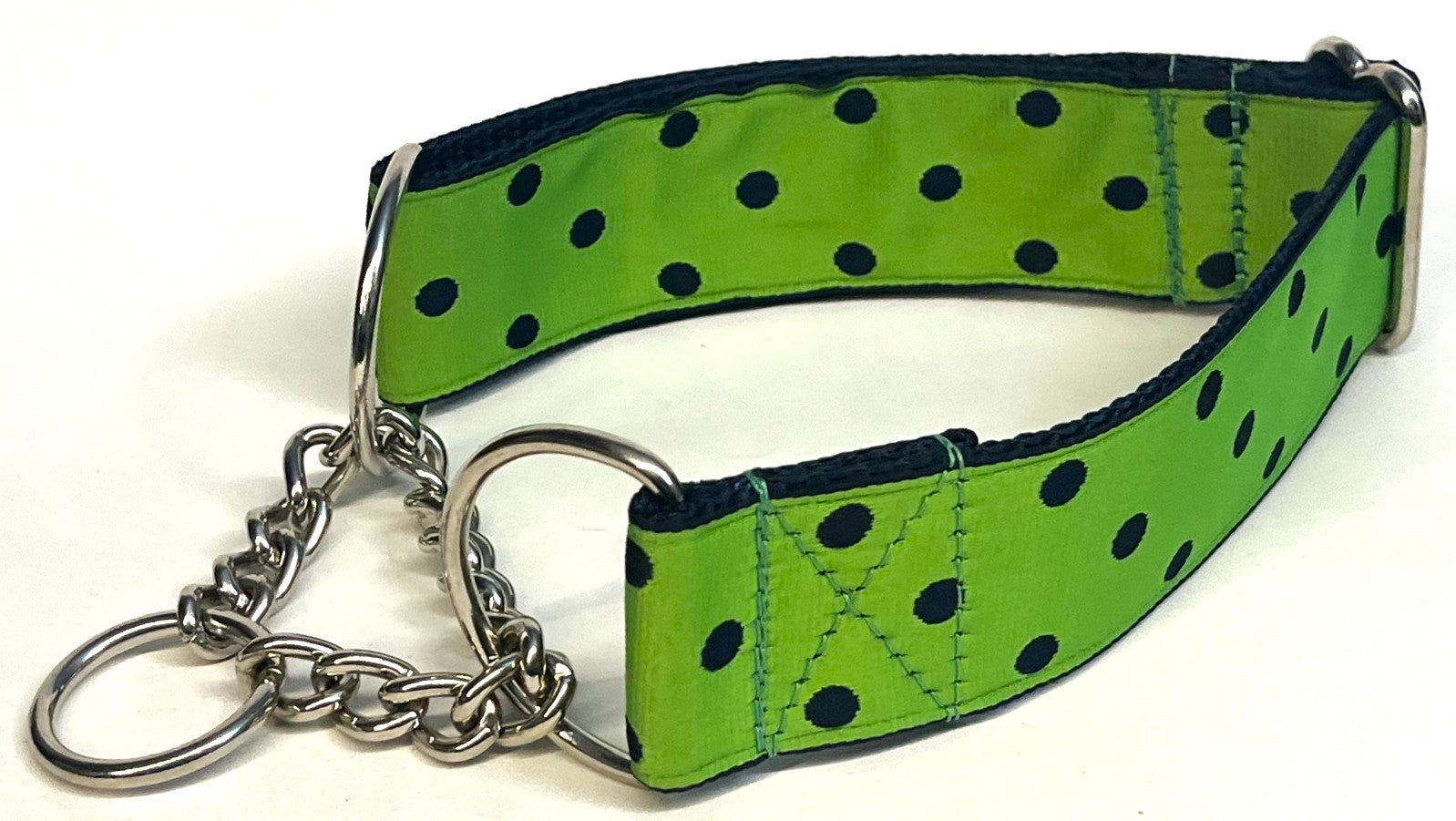 Lime Green with Navy Polka Dots Chain Martingale Collar 1 1/2 in