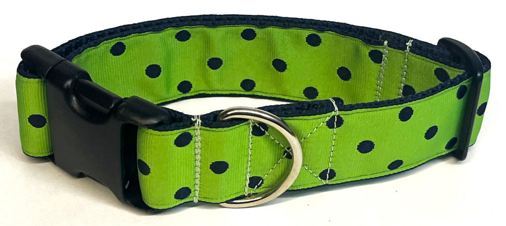 Lime Green with Navy Polka Dots Dog Collar 1 1/2 in