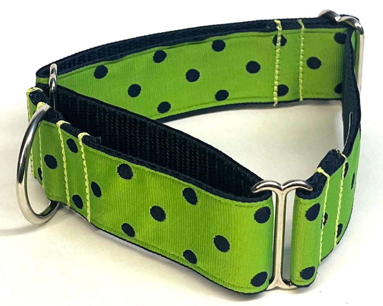 Lime Green with Navy Polka Dots Martingale Collar 1 1/2 in