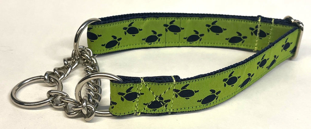 Lime Green with Navy Turtles Chain Martingale Collar 1in