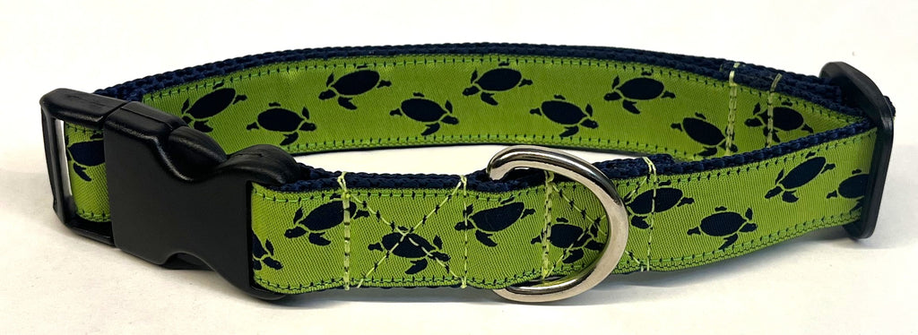 Lime Green with Navy Turtles Dog Collar 1in