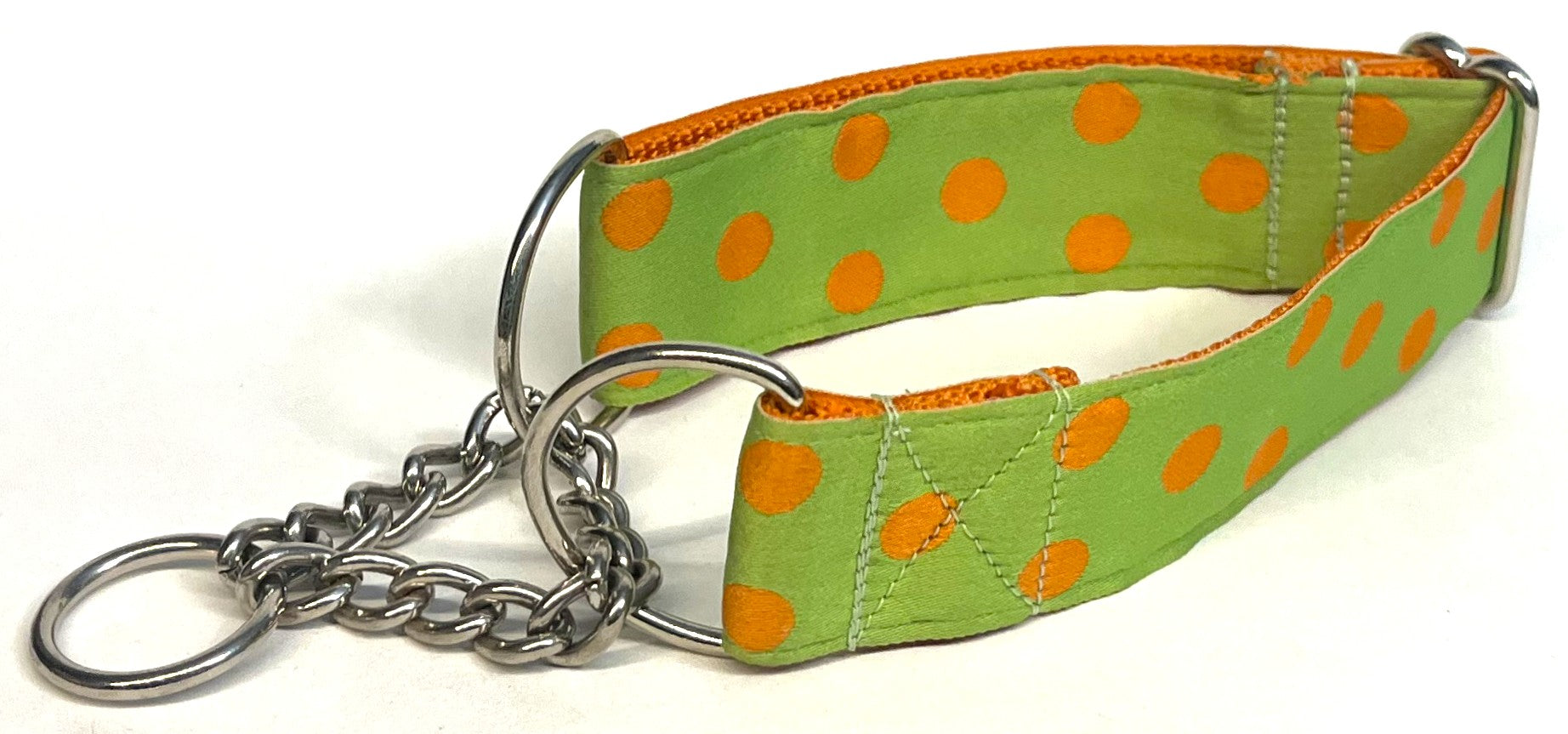 Lime Green with Orange Dots Chain Martingale Collar 1 1/2 in
