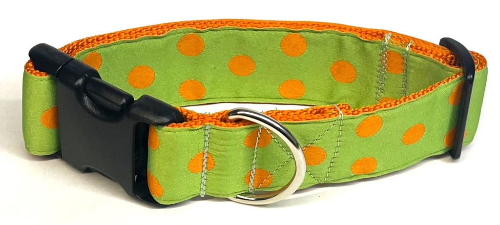 Lime Green with Orange Dots Dog Collar 1 1/2 in