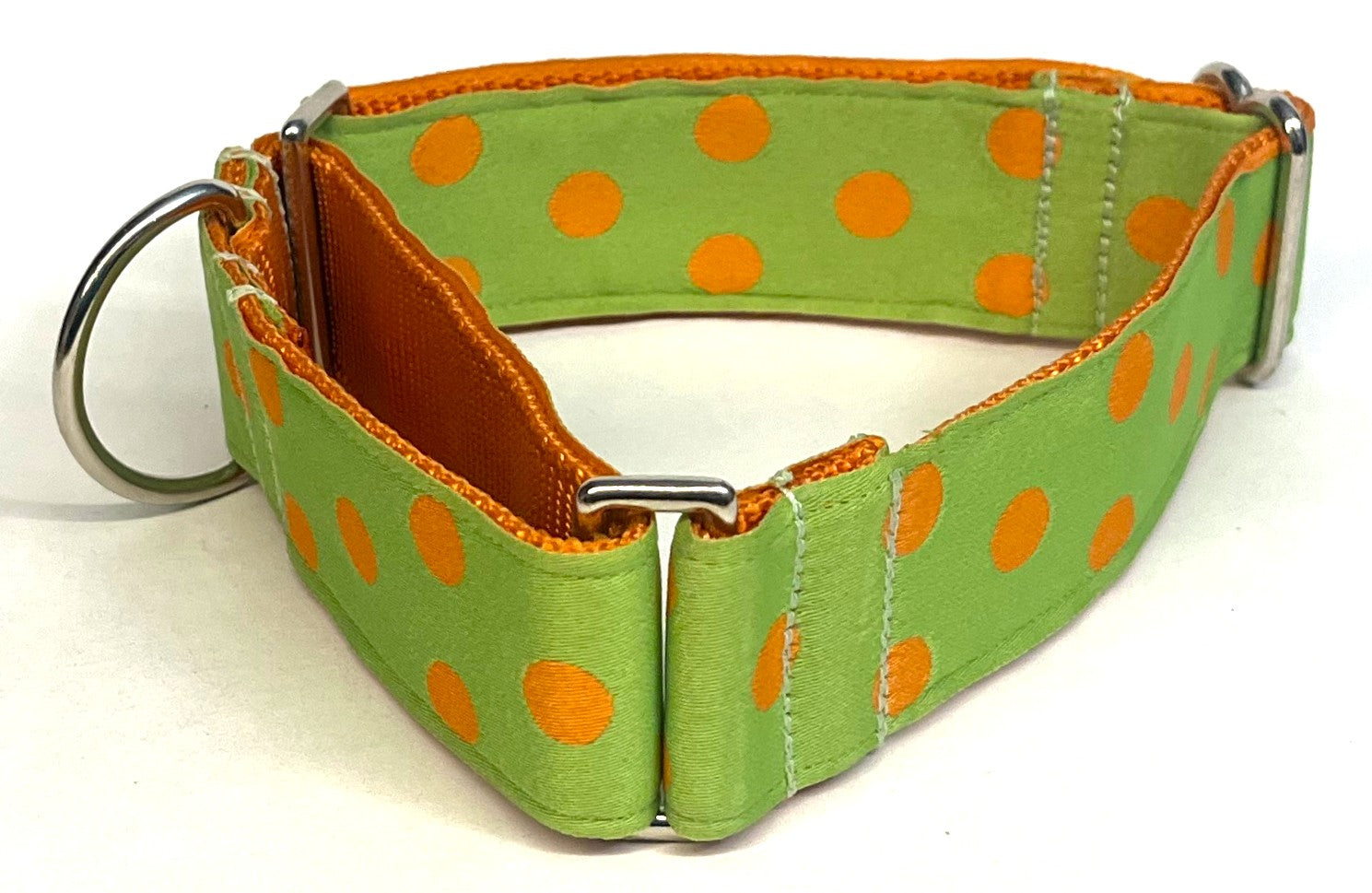 Lime Green with Orange Dots Martingale Collar 1 1/2 in