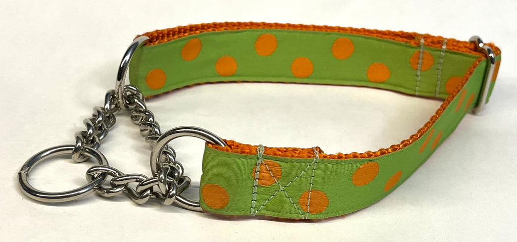 Lime Green with Orange Dots Chain Martingale Collar 1in