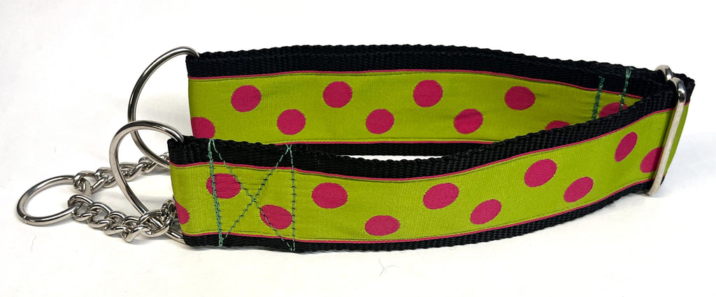 Lime Green with Pink Dots Chain Martingale Collar 2in