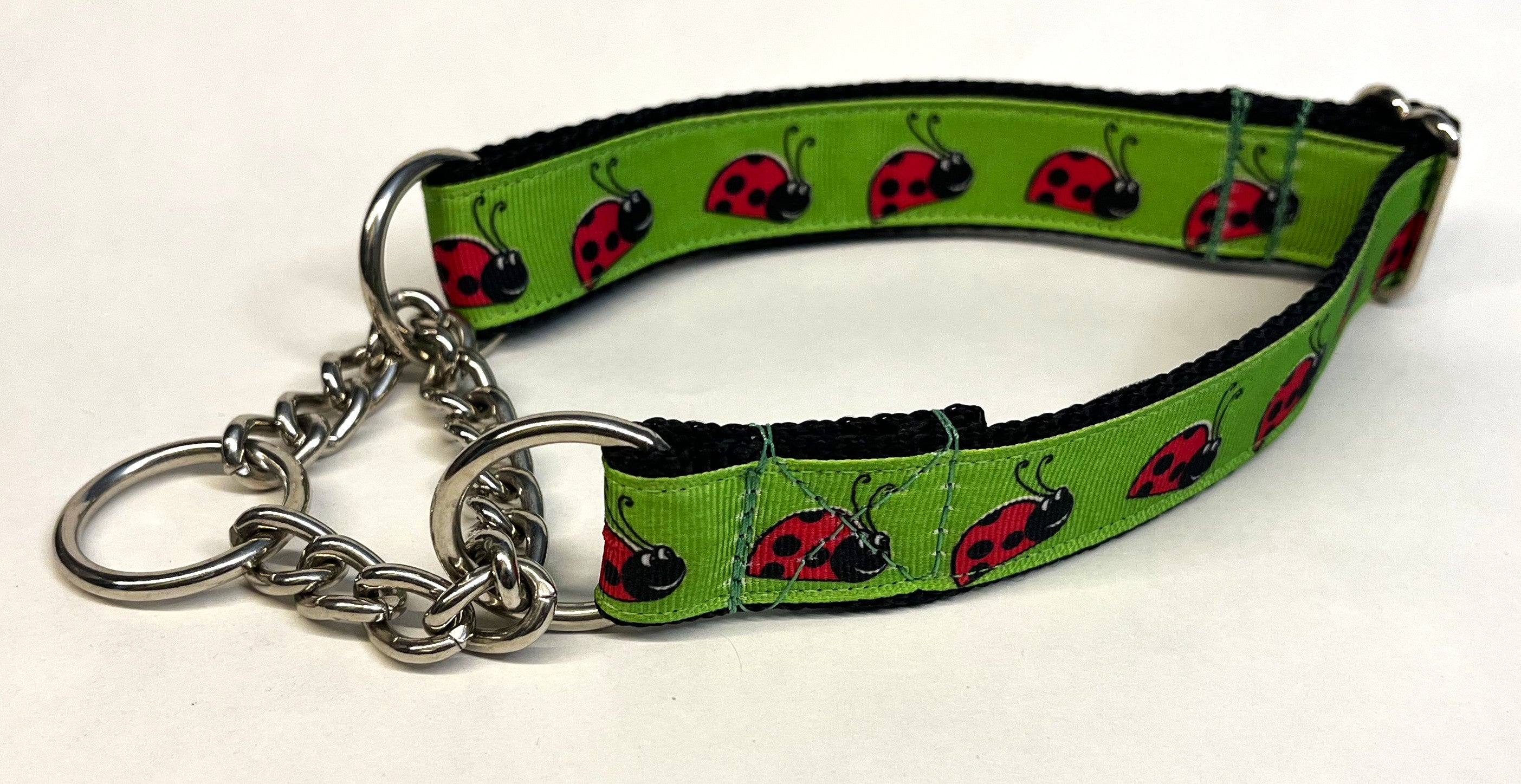 Lime Green with Pink Ladybugs Chain Martingale Collar 1in