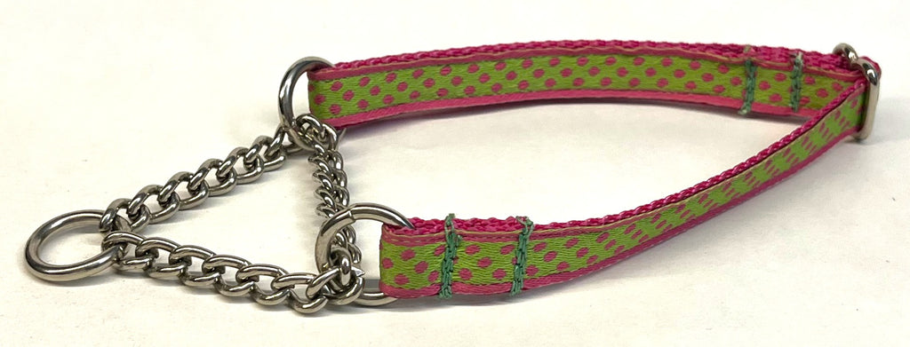 Lime Green with Pink Polka Dots Chain Martingale Collar 1/2