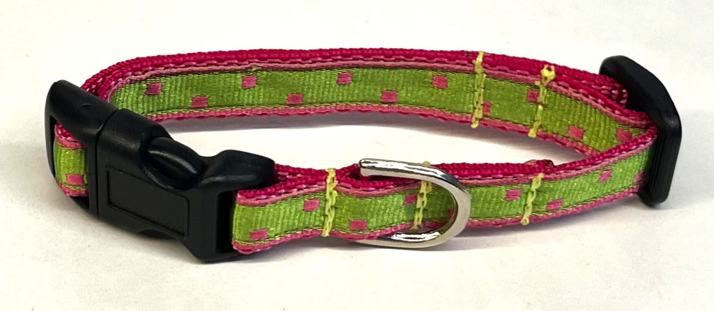 Lime Green with Pink Square Dots Dog Collar 1/2