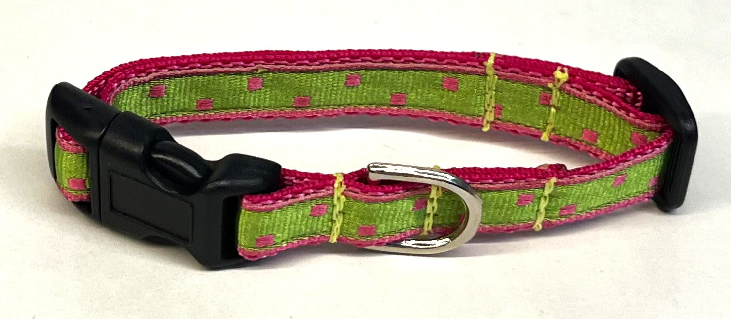 Lime Green with Pink Square Dots Dog Collar 1/2