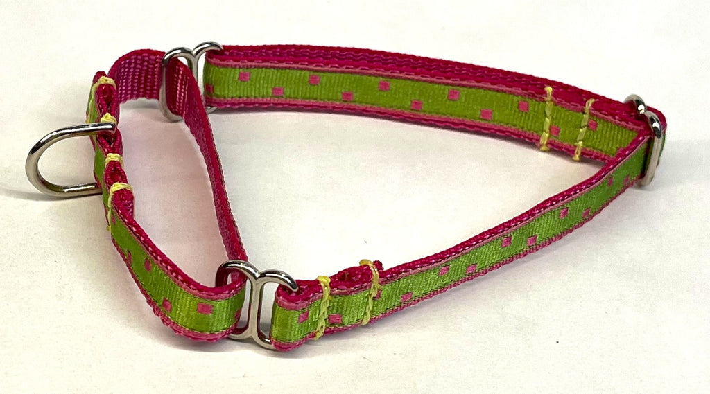 Lime Green with Pink Square Dots Martingale Collar 1/2