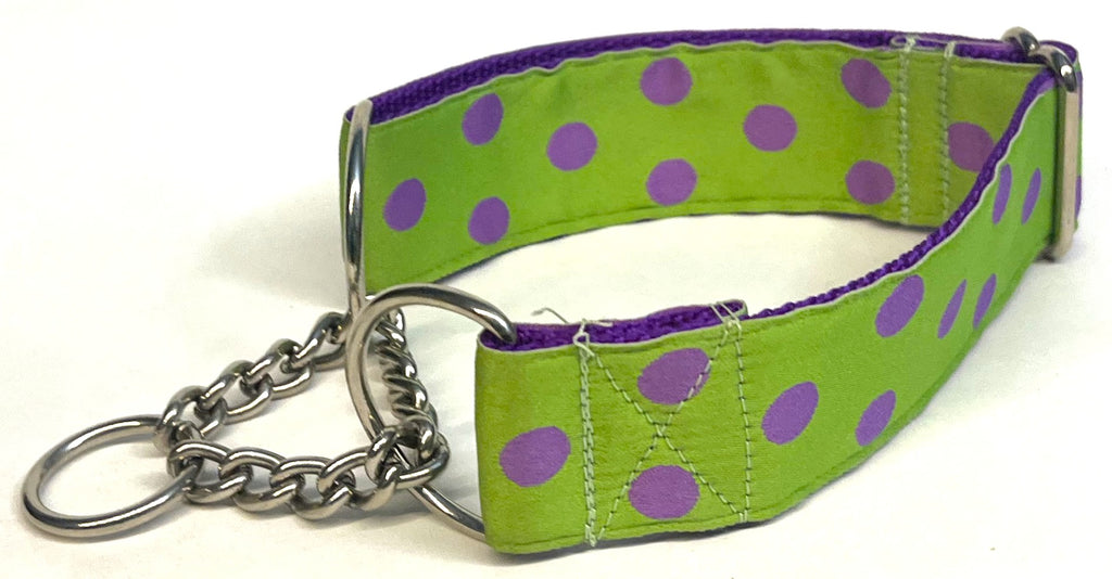 Lime Green with Purple Dots Chain Martingale Collar 1 1/2 in