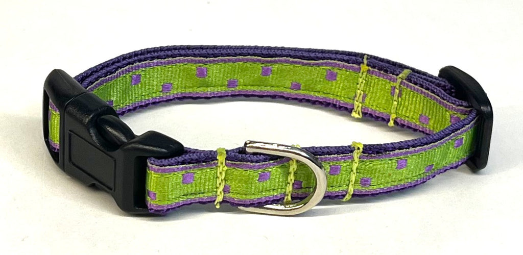 Lime Green with Purple Square Dots Dog Collar 1/2