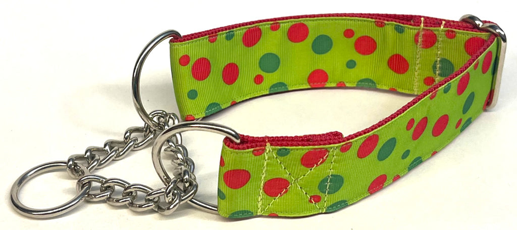 Lime Green with Red and Green Bubble Dots Chain Martingale Collar 1 1/2 in