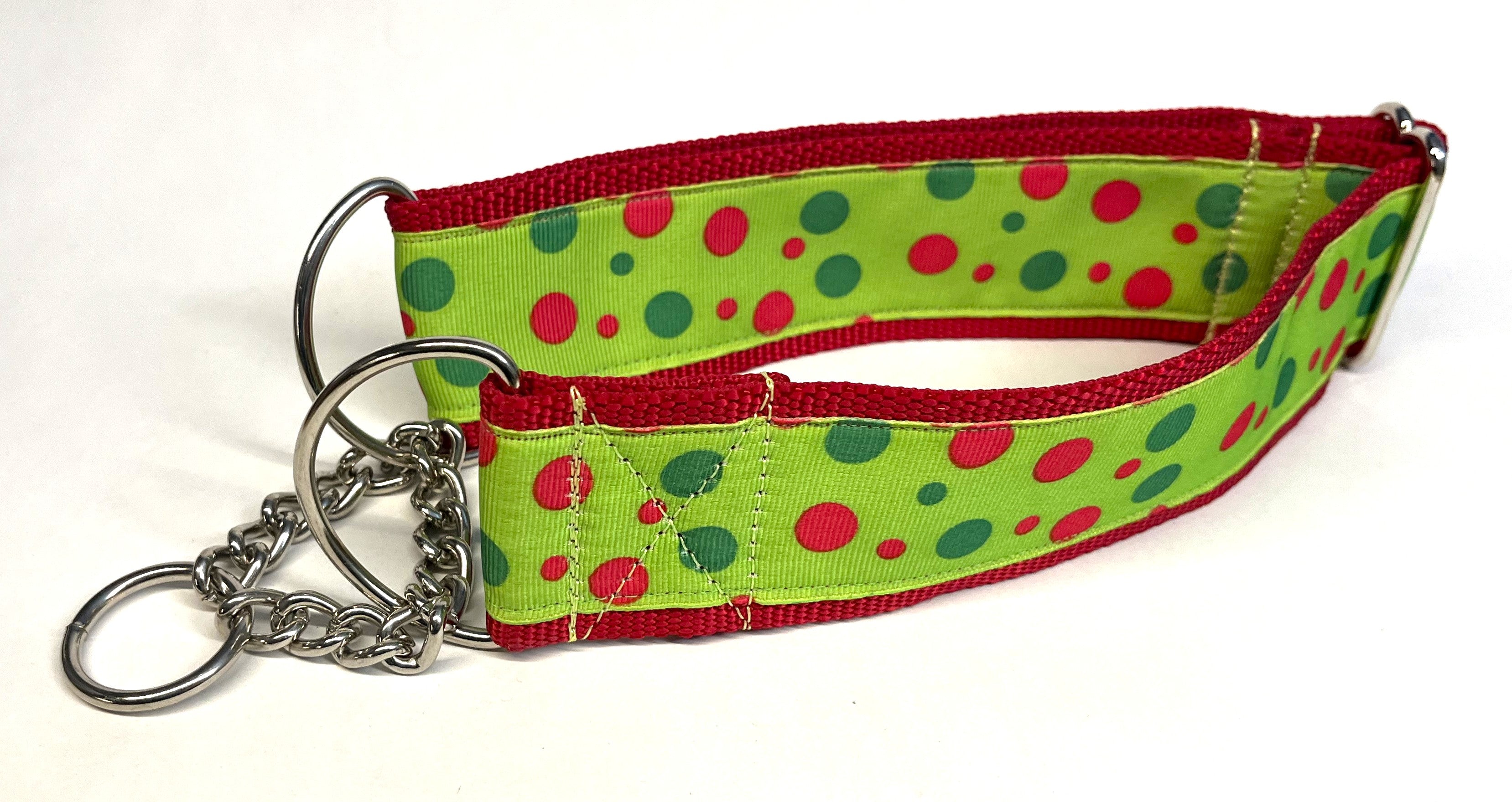 Lime Green with Red and Green Bubble Dots Chain Martingale Collar 2in