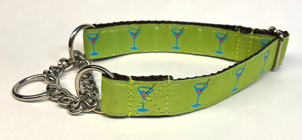 Lime Green with Turquoise Martini Glasses Chain Martingale Collar 1in