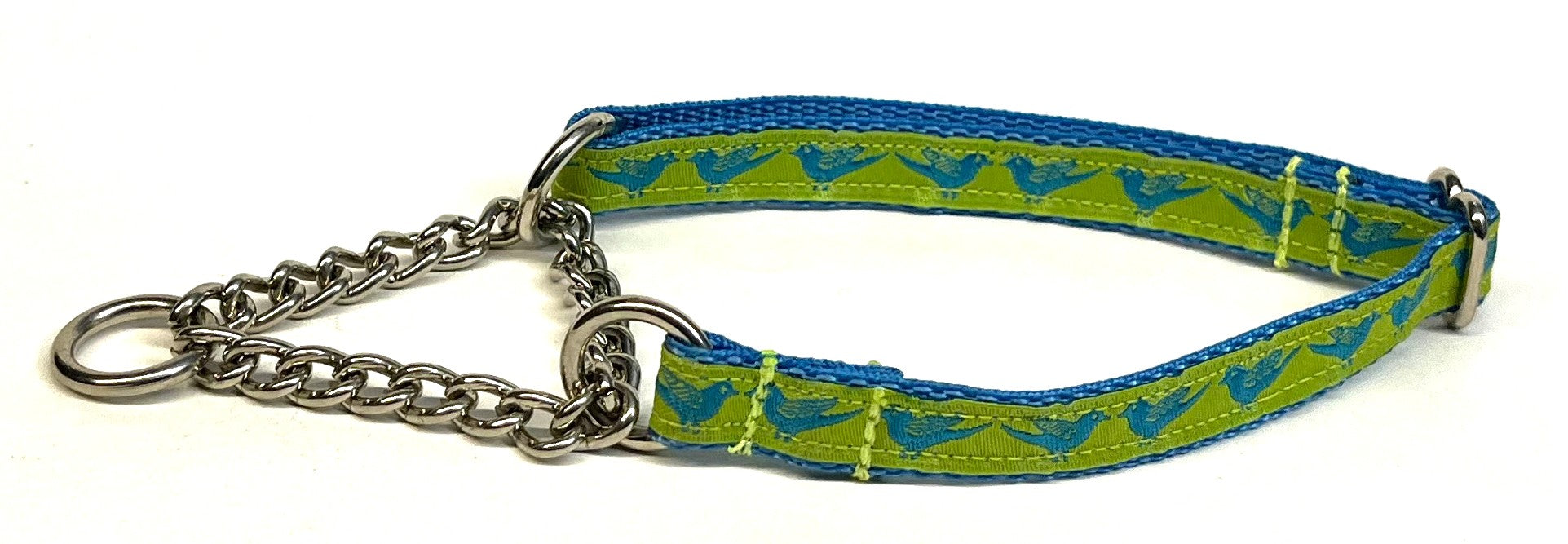 Lime Green with Turquoise Birds Chain Martingale Collar 1/2
