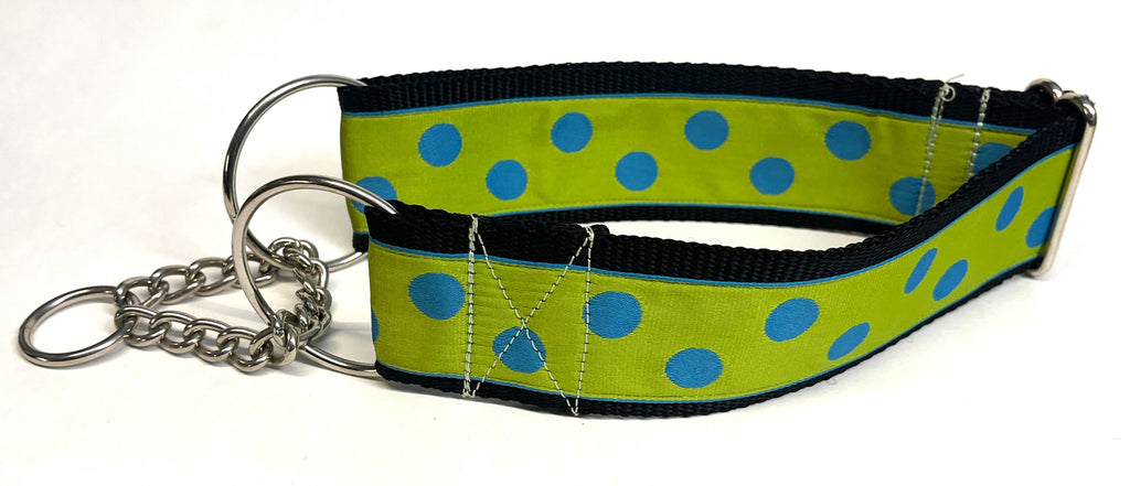 Lime Green with Turquoise Dots Chain Martingale Collar 2in