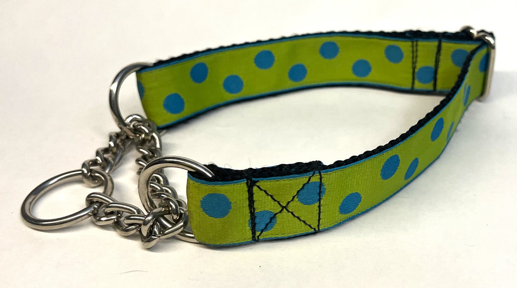 Lime Green with Turquoise Dots Chain Martingale Collar 1in