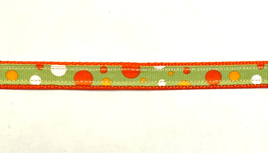 Lime green with orange white and yellow bubble dots dog collar 1/2 inch on orange webbing