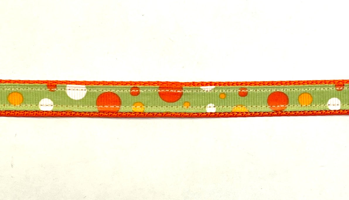 Lime green with orange white and yellow bubble dots dog collar 1/2 inch on orange webbing