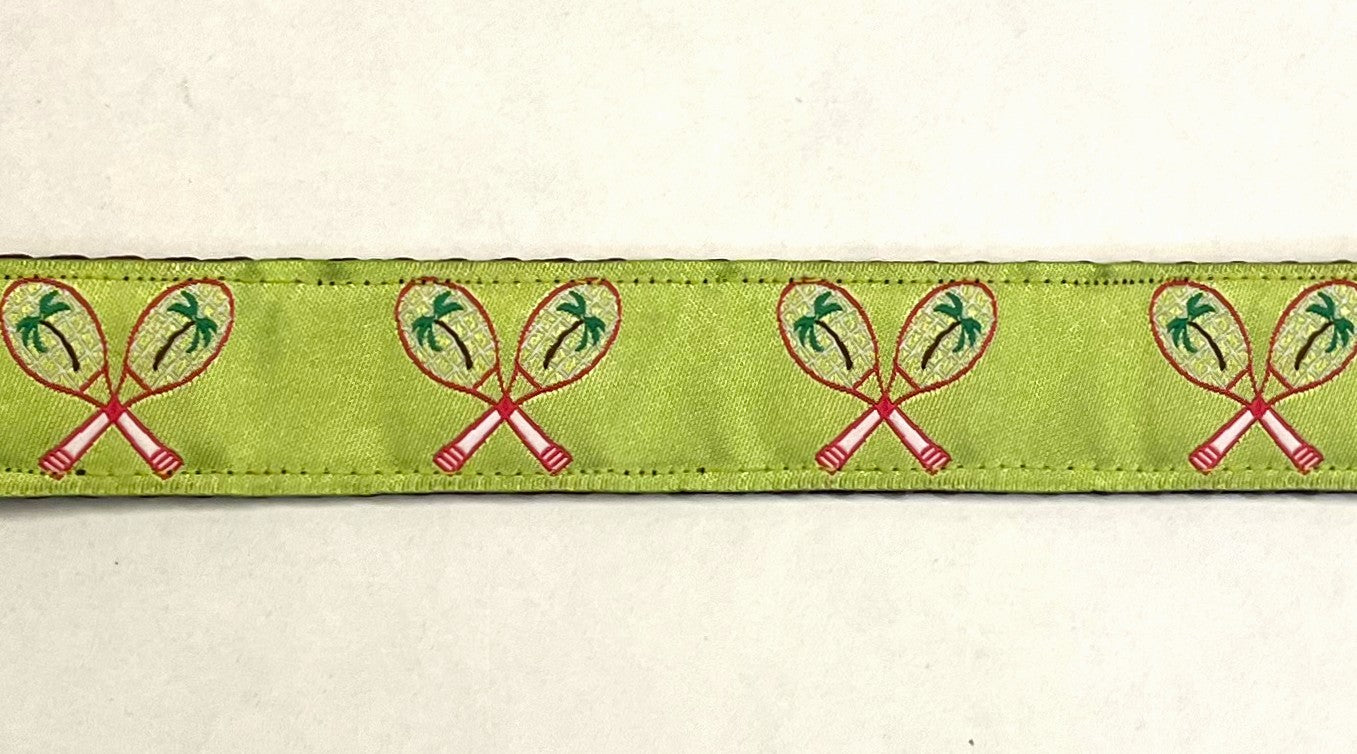 Lime Green with Palm Tree Tennis Rackets Dog Collar 1in