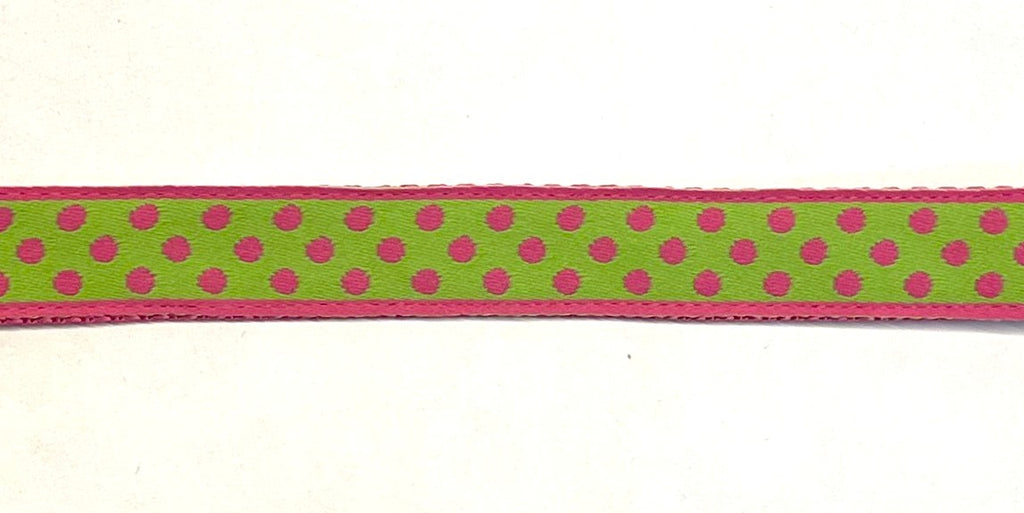 Lime green with pink polka dots dog collar on pink webbing