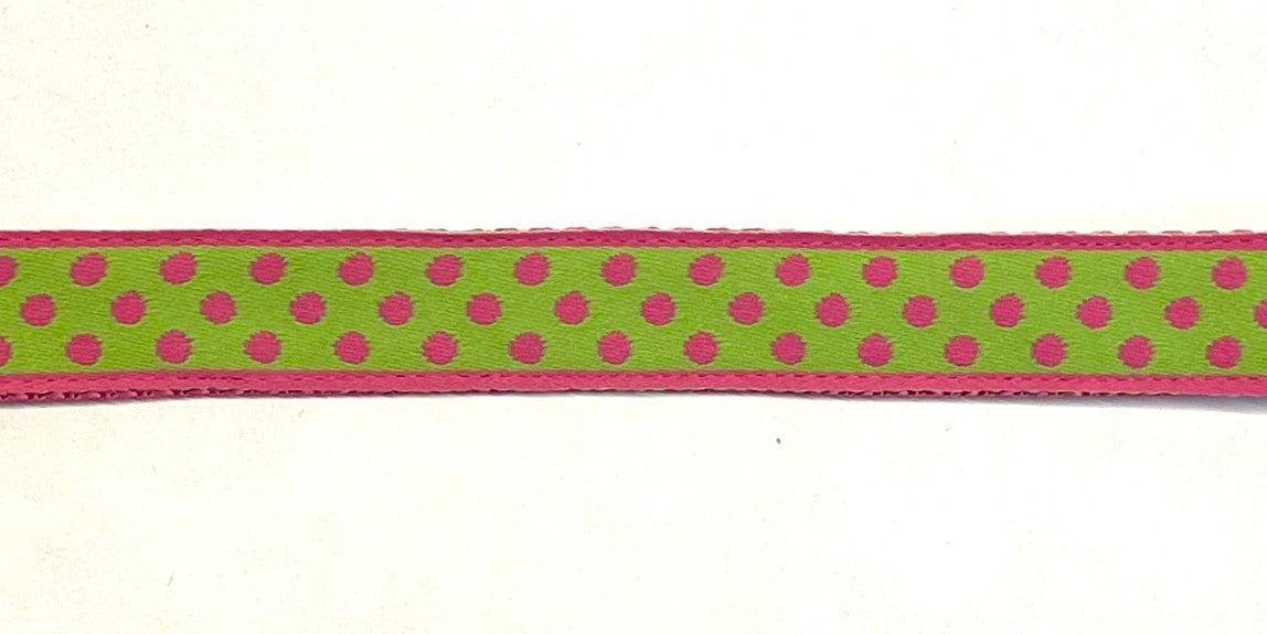 Lime green with pink polka dots dog collar on pink webbing