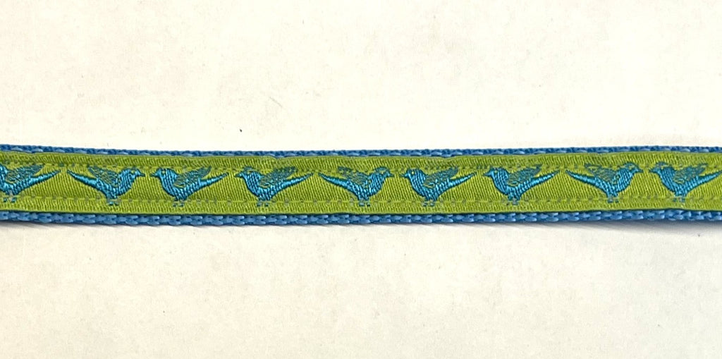 Lime green ribbon with turquoise birds on light blue webbing dog collar
