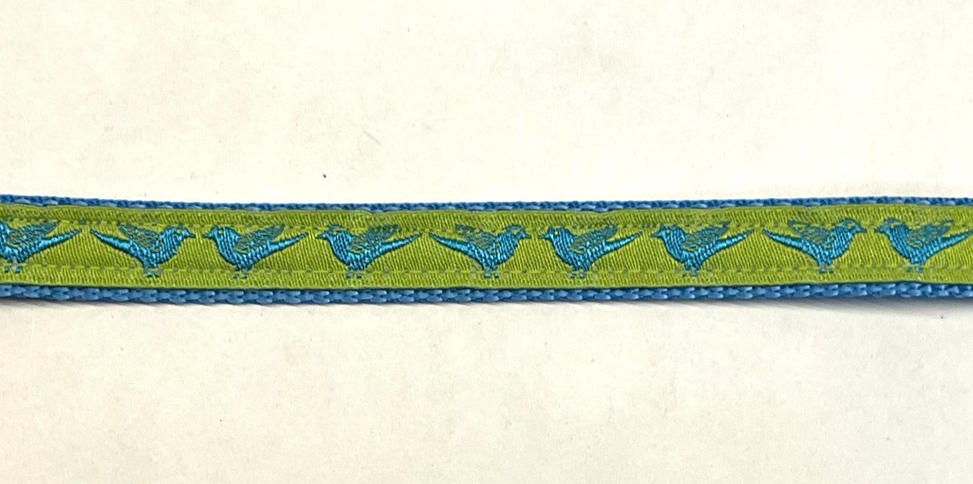 Lime green ribbon with turquoise birds on light blue webbing dog collar