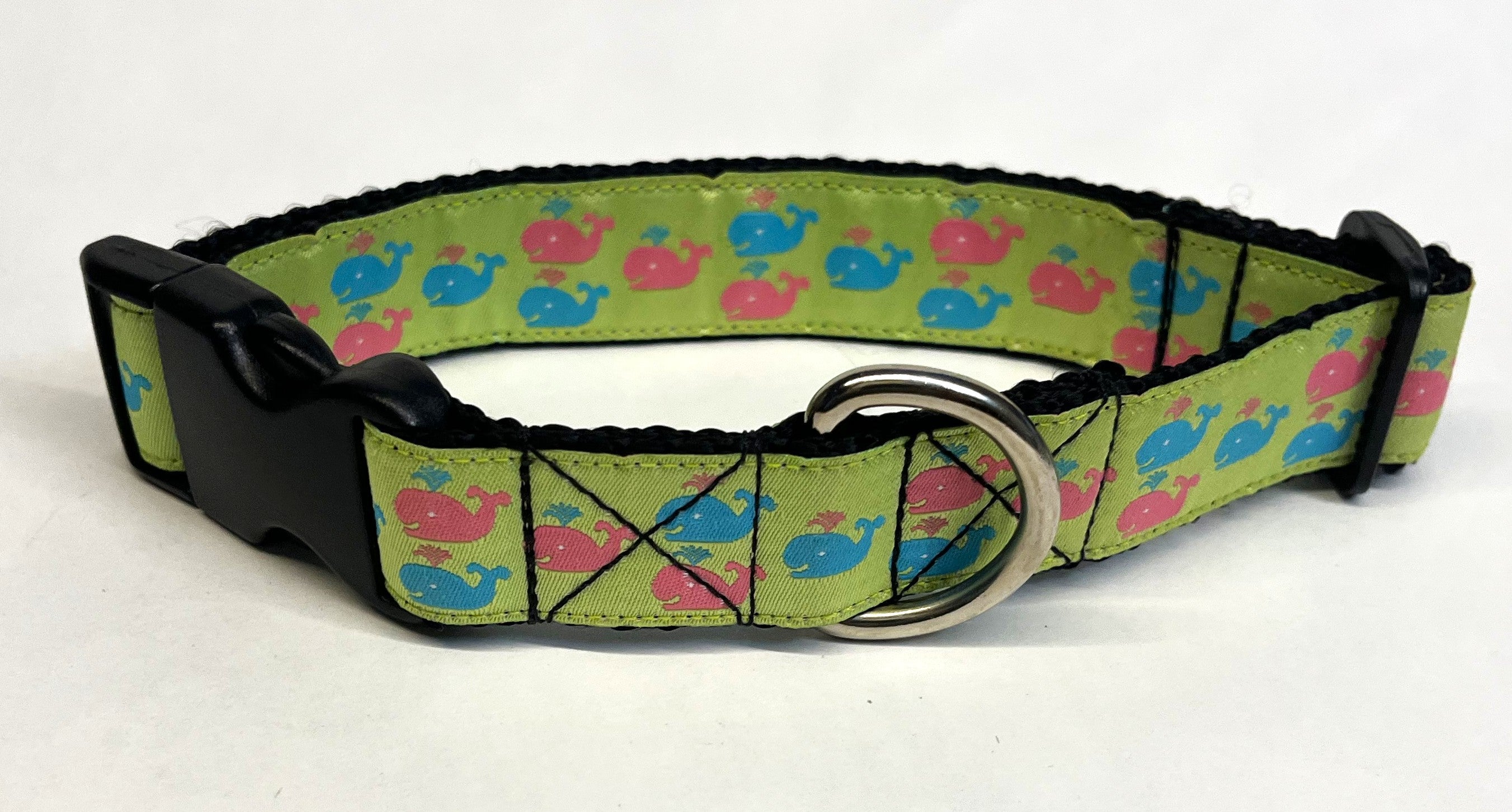 Lime Green with Pink and Blue Whales Dog Collar 1in