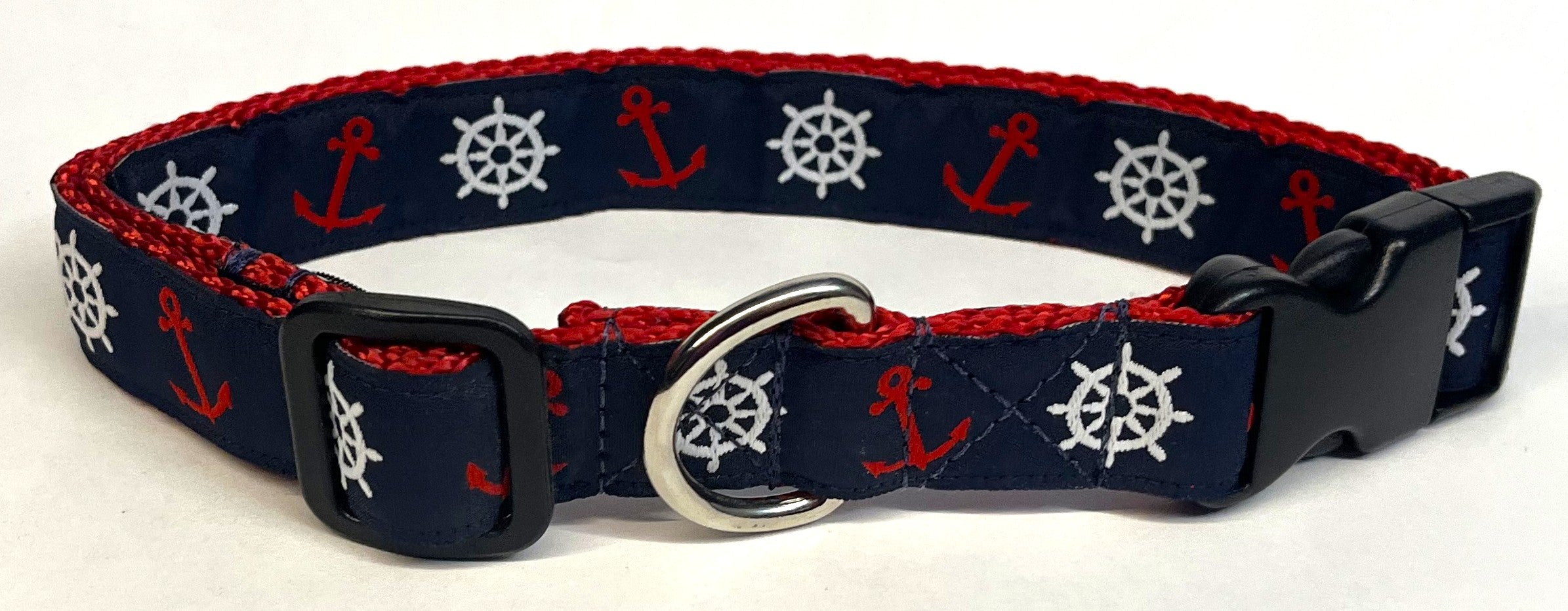 Navy with Red Anchors and White Wheels Dog Collar 1in