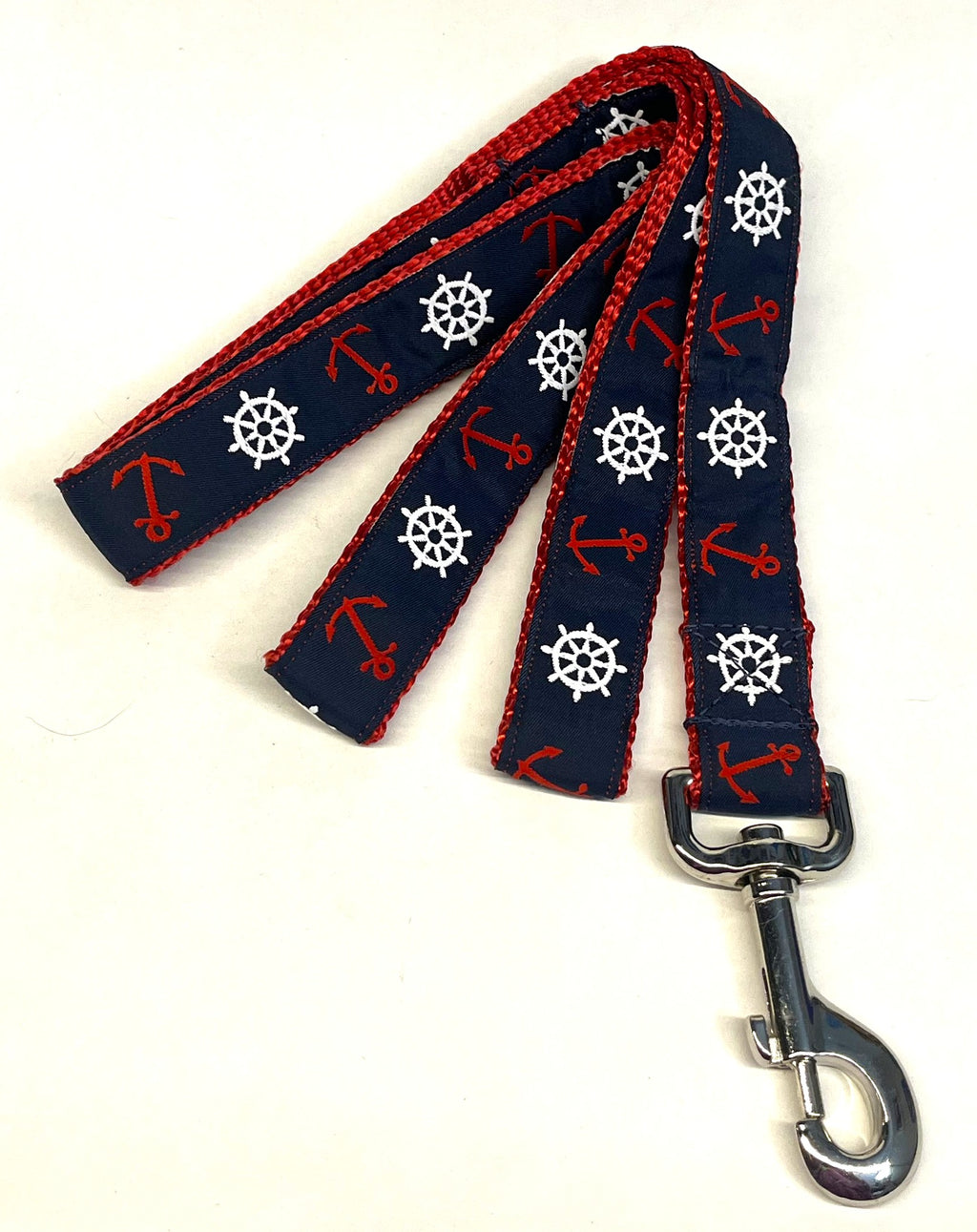 Navy with Red Anchors and White Wheels Dog Leash 1in