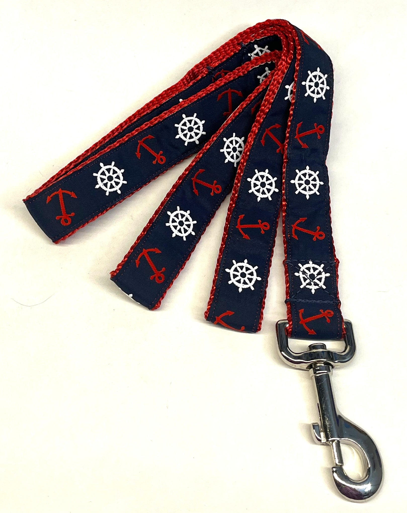 Navy with Red Anchors and White Wheels Dog Leash 1in