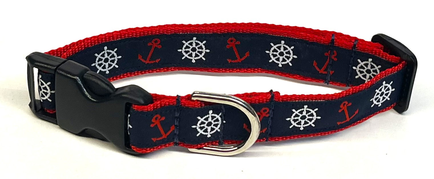 Navy Blue with Red Anchors and White Wheels Dog Collar 3/4