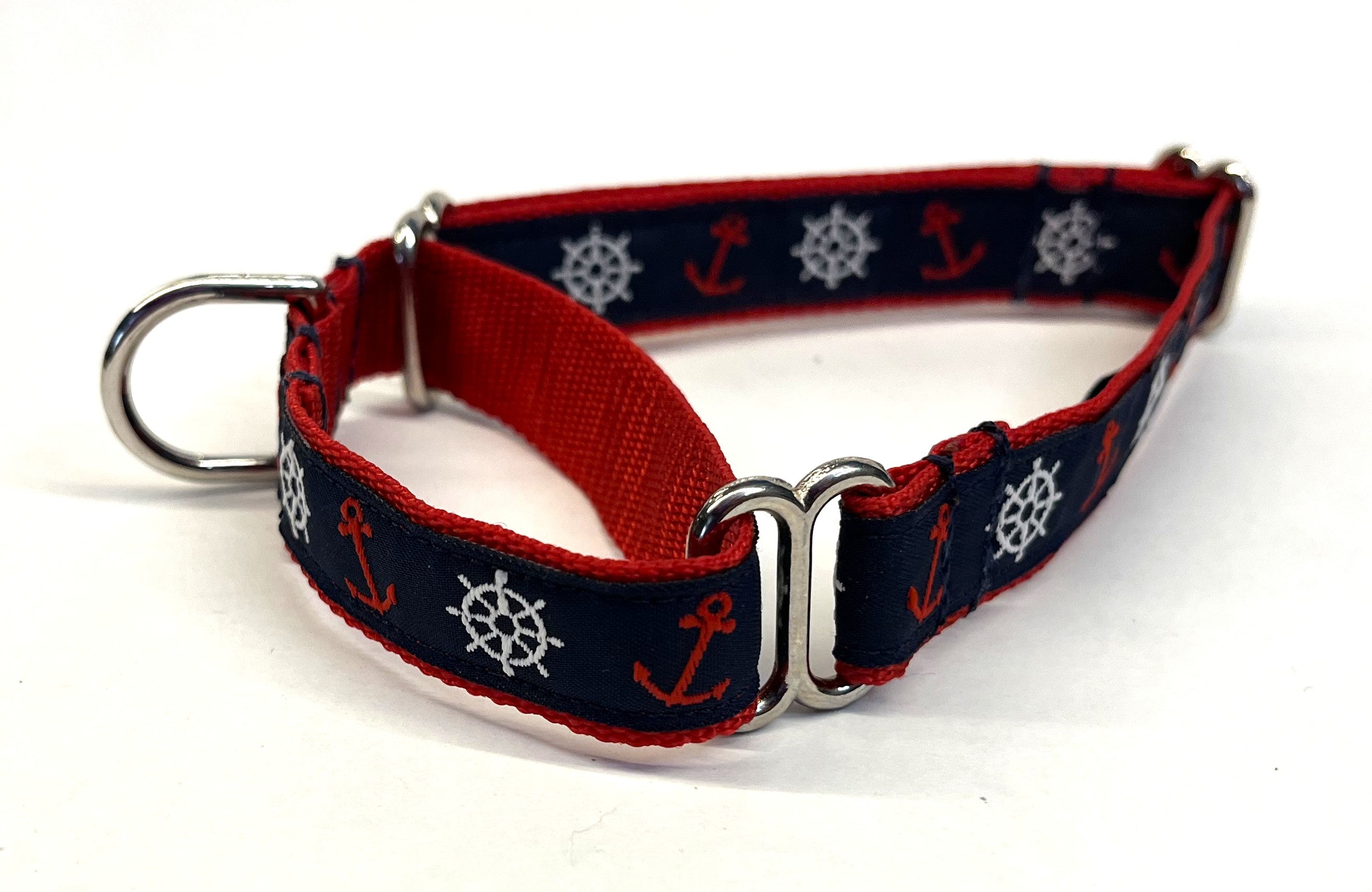 Navy Blue with Red Anchors and White Wheels Martingale Collar 3/4