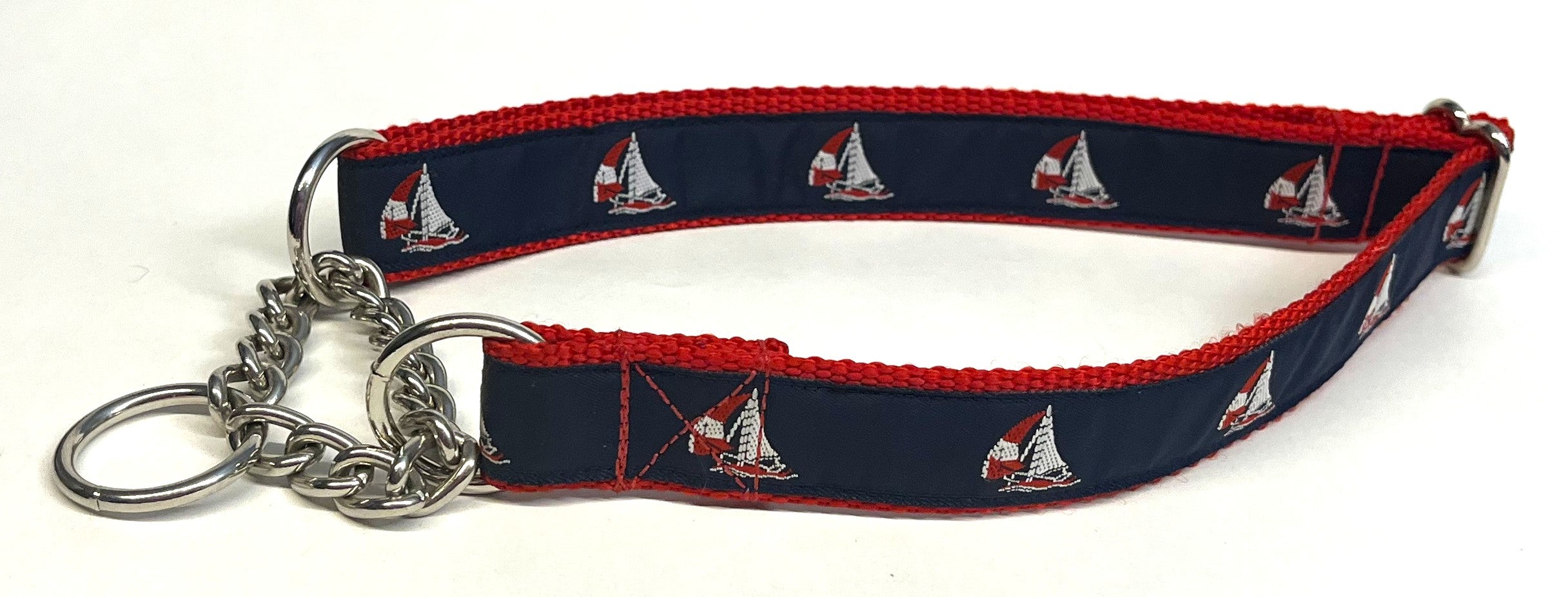 Navy with Sailboats Chain Martingale Collar 1in