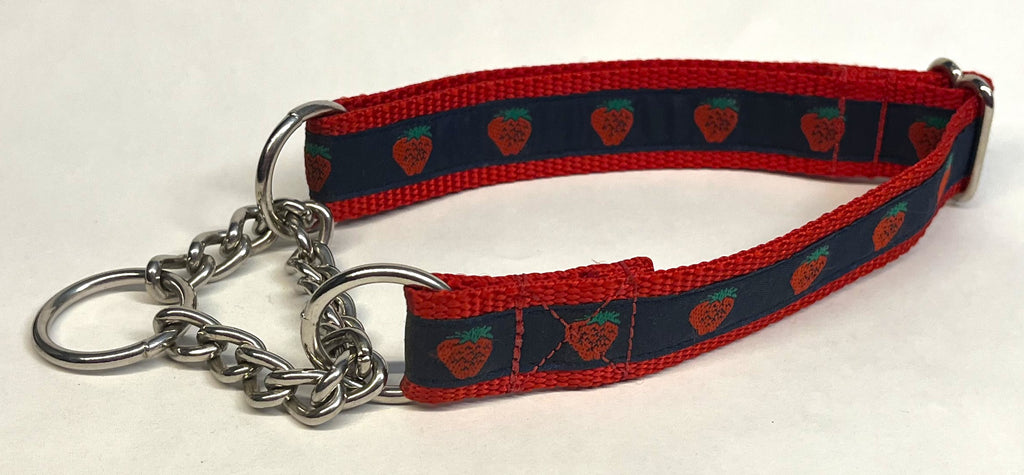 Navy with Strawberries Chain Martingale Collar 1in