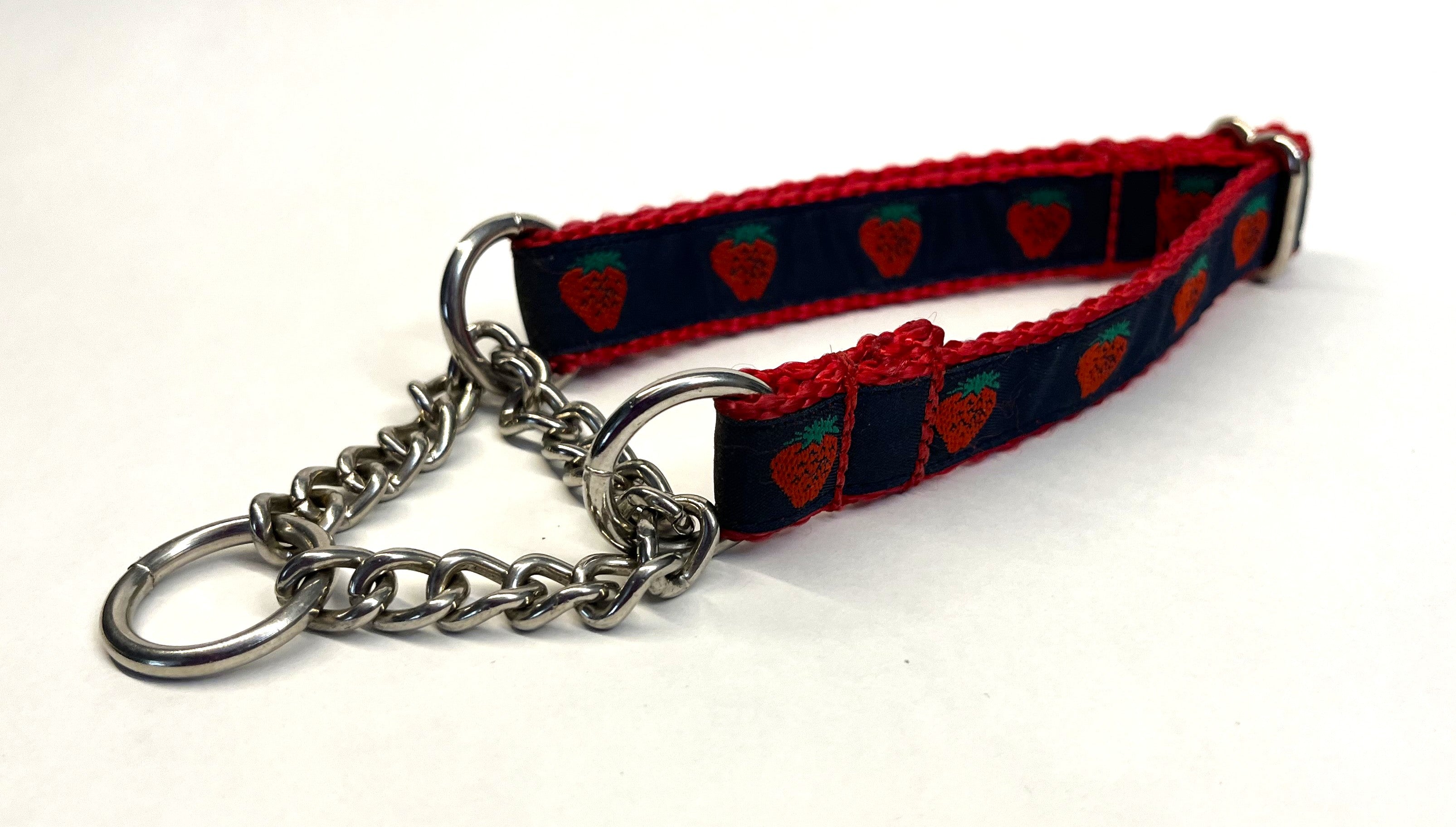 Navy Blue with Strawberries Chain Martingale Collar 3/4