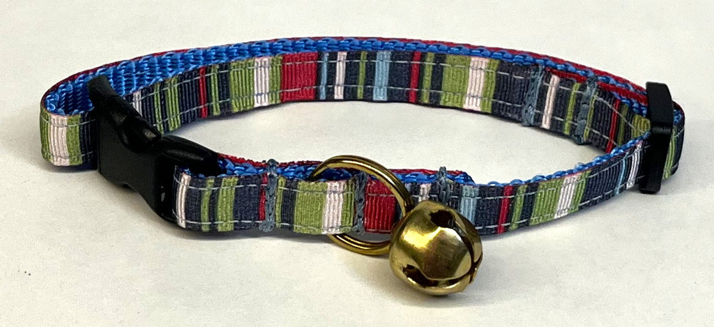 Navy, Green, Pink, White & Blue Vertical Stripe Cat Collar
