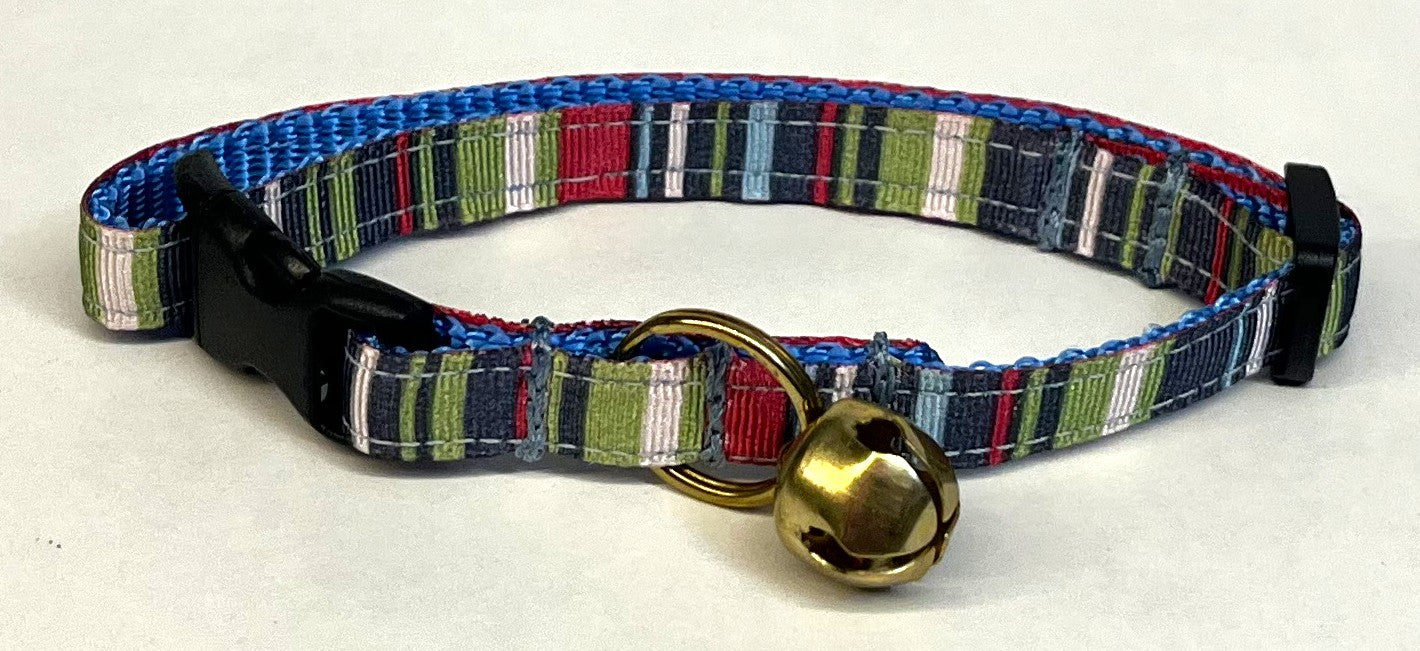 Navy, Green, Pink, White & Blue Vertical Stripe Cat Collar