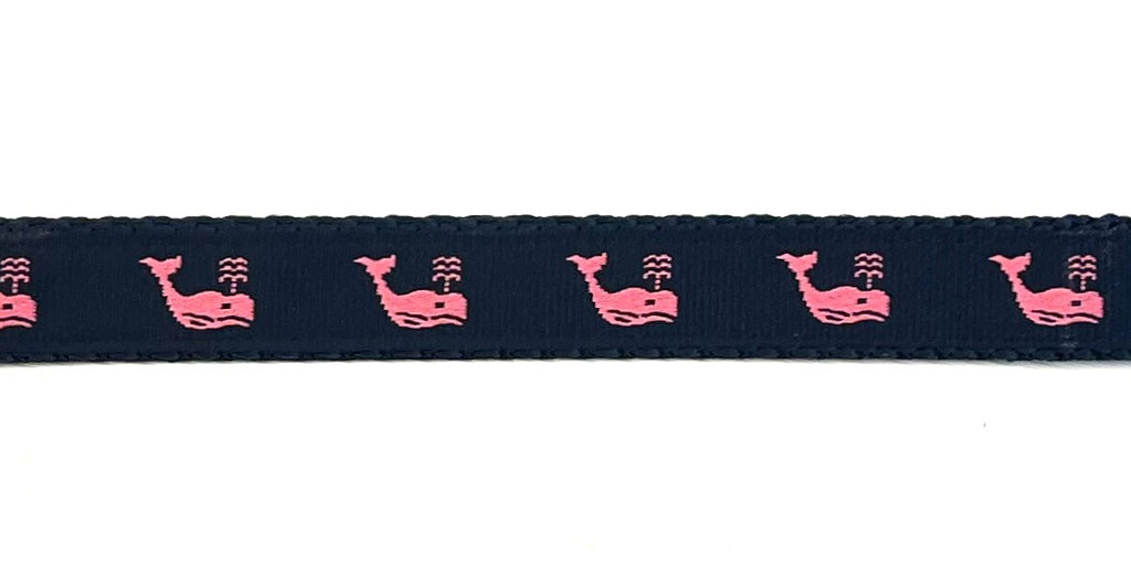Navy with Pink Whales Dog Collar 3/4 inch on navy webbing