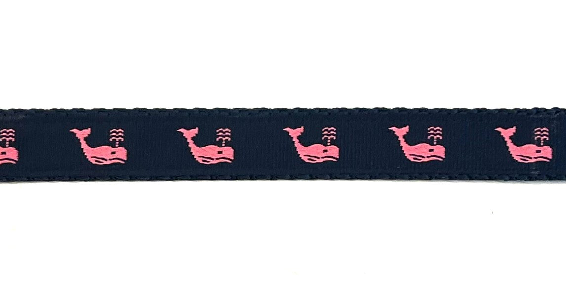 Navy with Pink Whales Dog Collar 3/4 inch on navy webbing