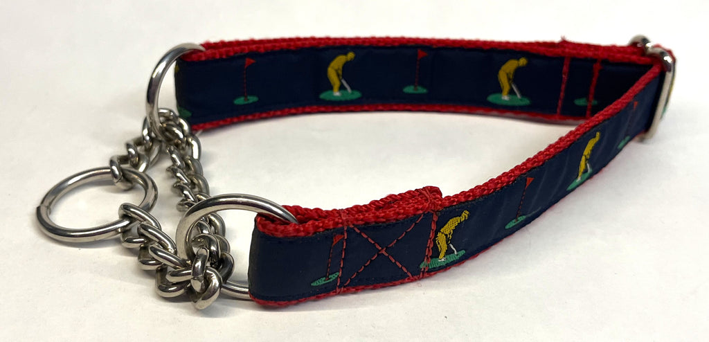 Navy with Golfers and Flags Chain Martingale Collar 1in