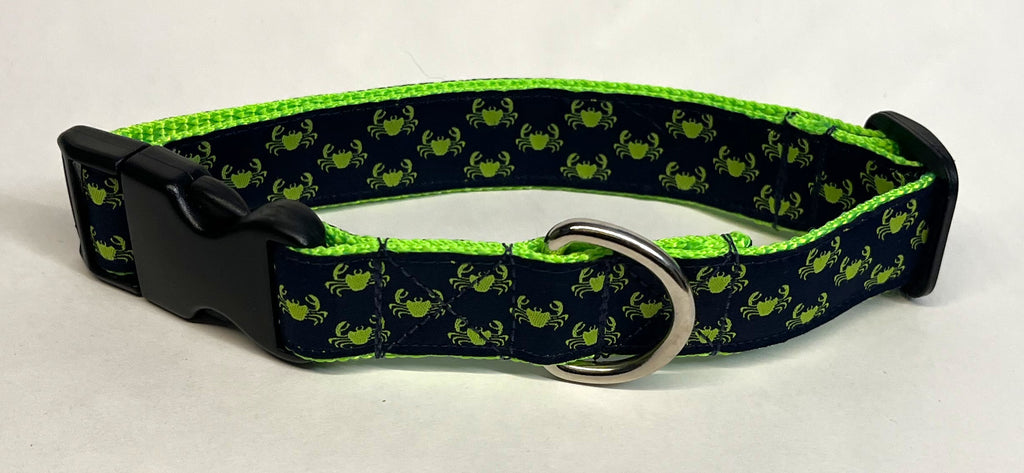 Navy with Lime Green Little Crabs Dog Collar 1in